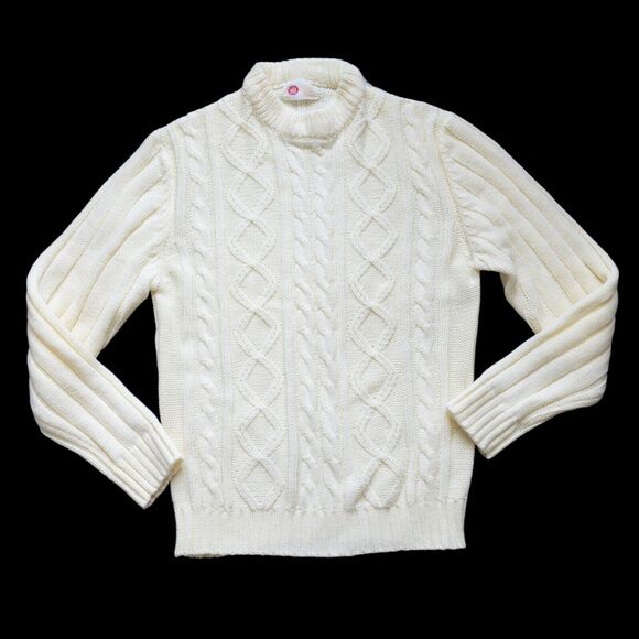 Sears Kings Road Vintage 70s Fisherman Sweater Cream Diamond Knit Thick Crew XL - Picture 1 of 10